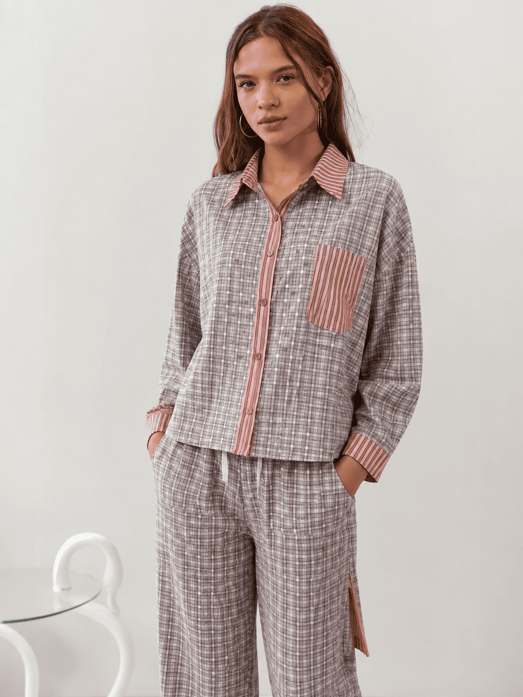 Women's Pajama Set with Long-Sleeve Shirt and Wide-Leg Pants, Loungewear, Relaxation