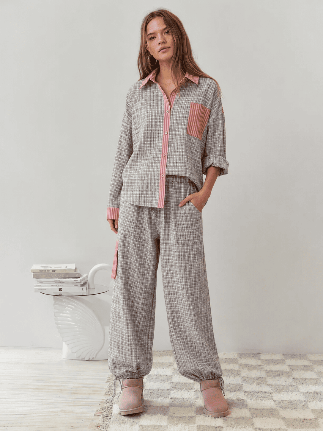 Women's Pajama Set with Long-Sleeve Shirt and Wide-Leg Pants, Loungewear, Relaxation