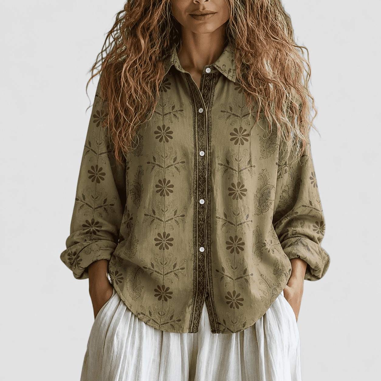 Femme Blouse Bohème Manches Longues Col V Imprimé Libellules Casual