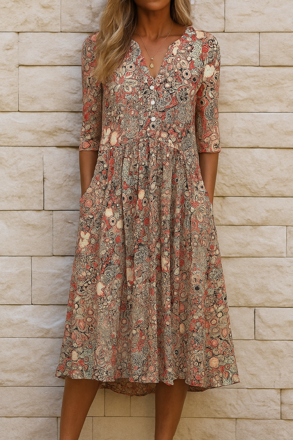 Vestido midi floral con escote en V para mujer, fluido, casual, chic, para jardín y uso diario – Harlow