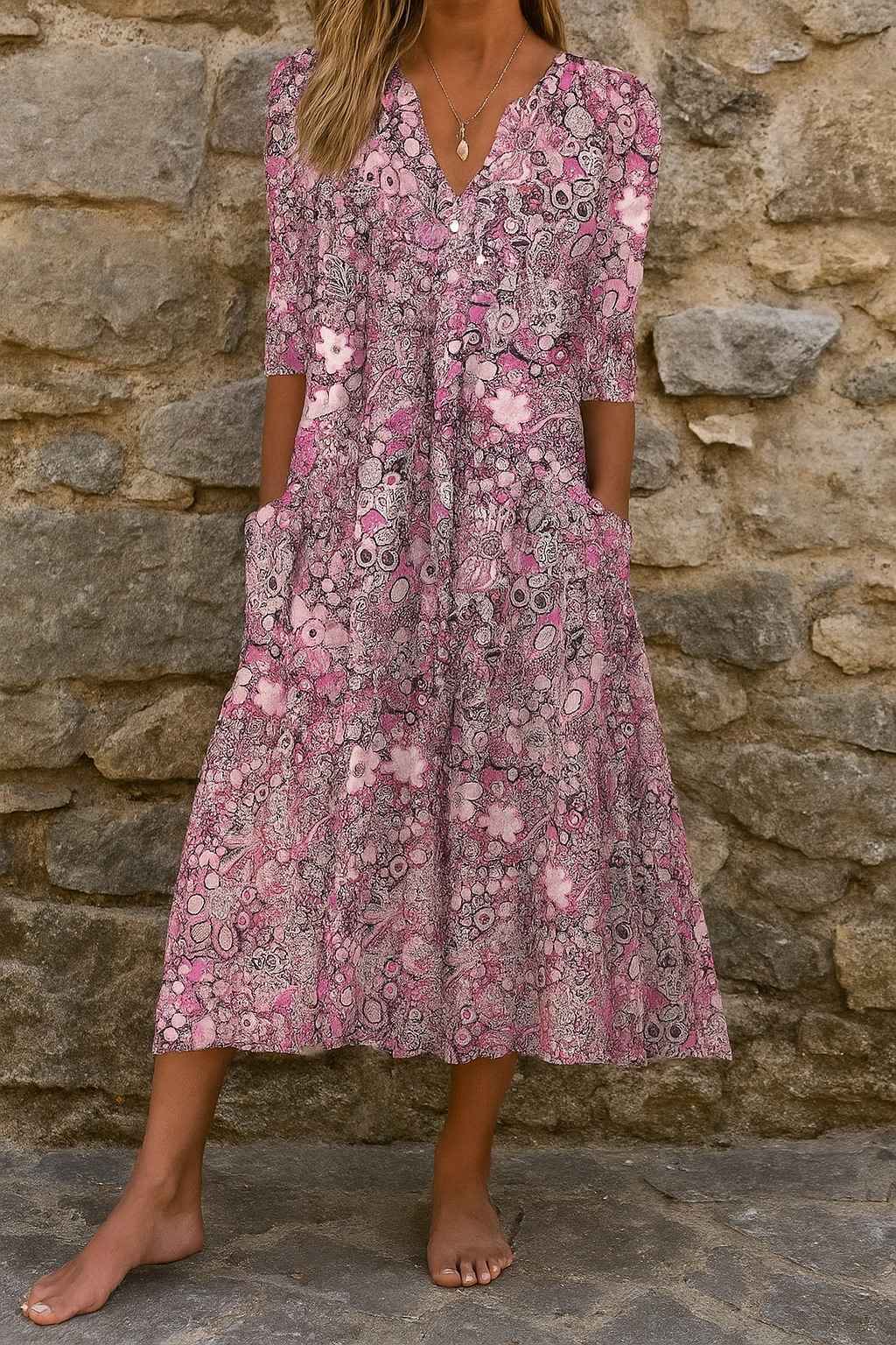 Abito Midi Floreale Scollo a V Donna Fluido Informale Casual Chic Giardino Quotidiano – Harlow