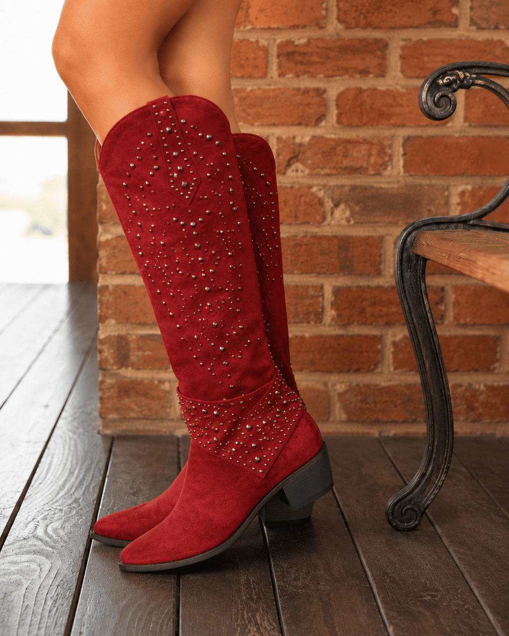 Stivali da cowboy da donna borchiati con tacco a blocco, western country, da festival