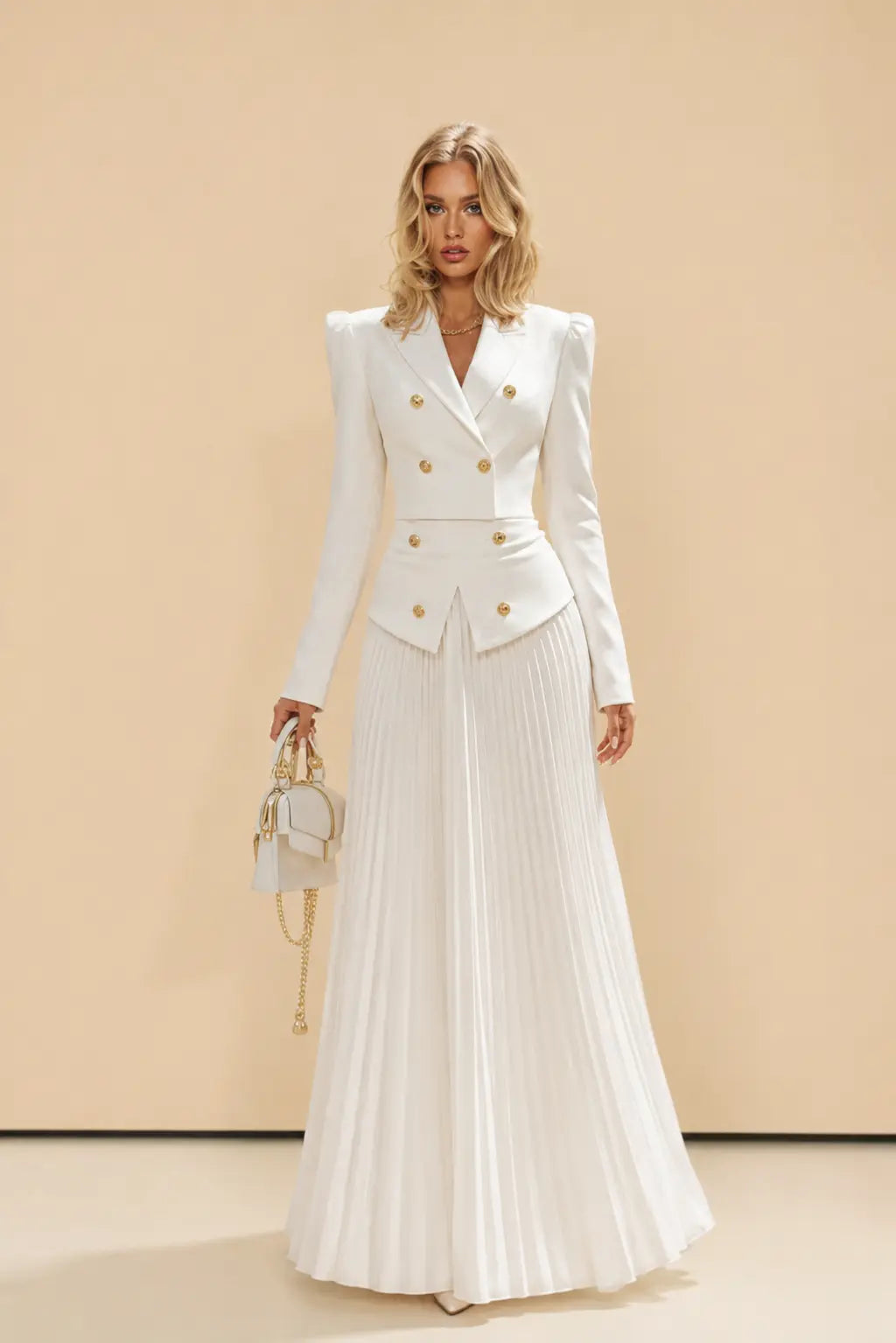 Ensemble Deux Pièces Femme Blazer Court Jupe Plissée Taille Haute Soirée Mariage Travail Cocktail