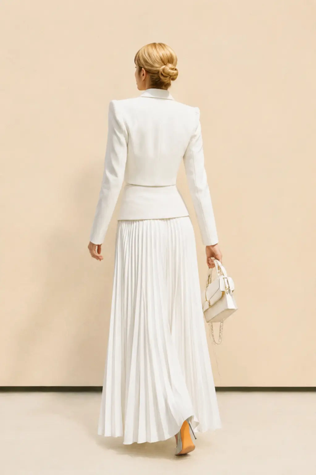 Ensemble Deux Pièces Femme Blazer Court Jupe Plissée Taille Haute Soirée Mariage Travail Cocktail