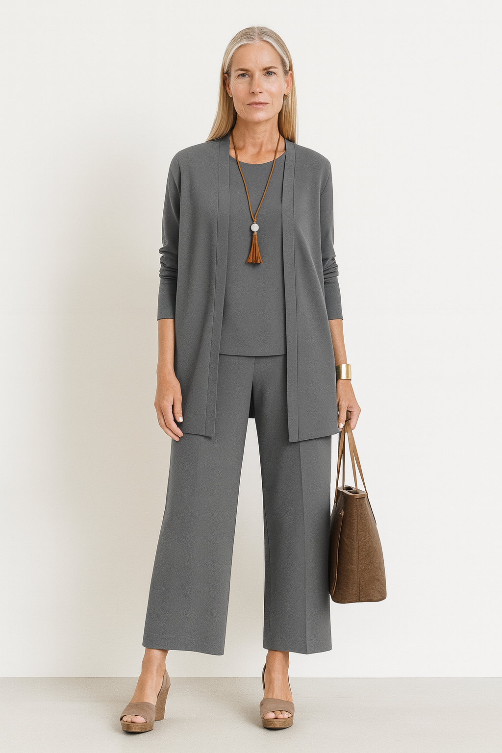 Ensemble Élégant Femme 3 Pièces Blazer Gilet Pantalons Amples Léger Flatteur Décontracté Chic – Pin