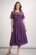 Midi-Chiffon-Kleid mit kurzen Spitzenärmeln für Damen – Hochzeitsgast, elegant und fließend, große Größe