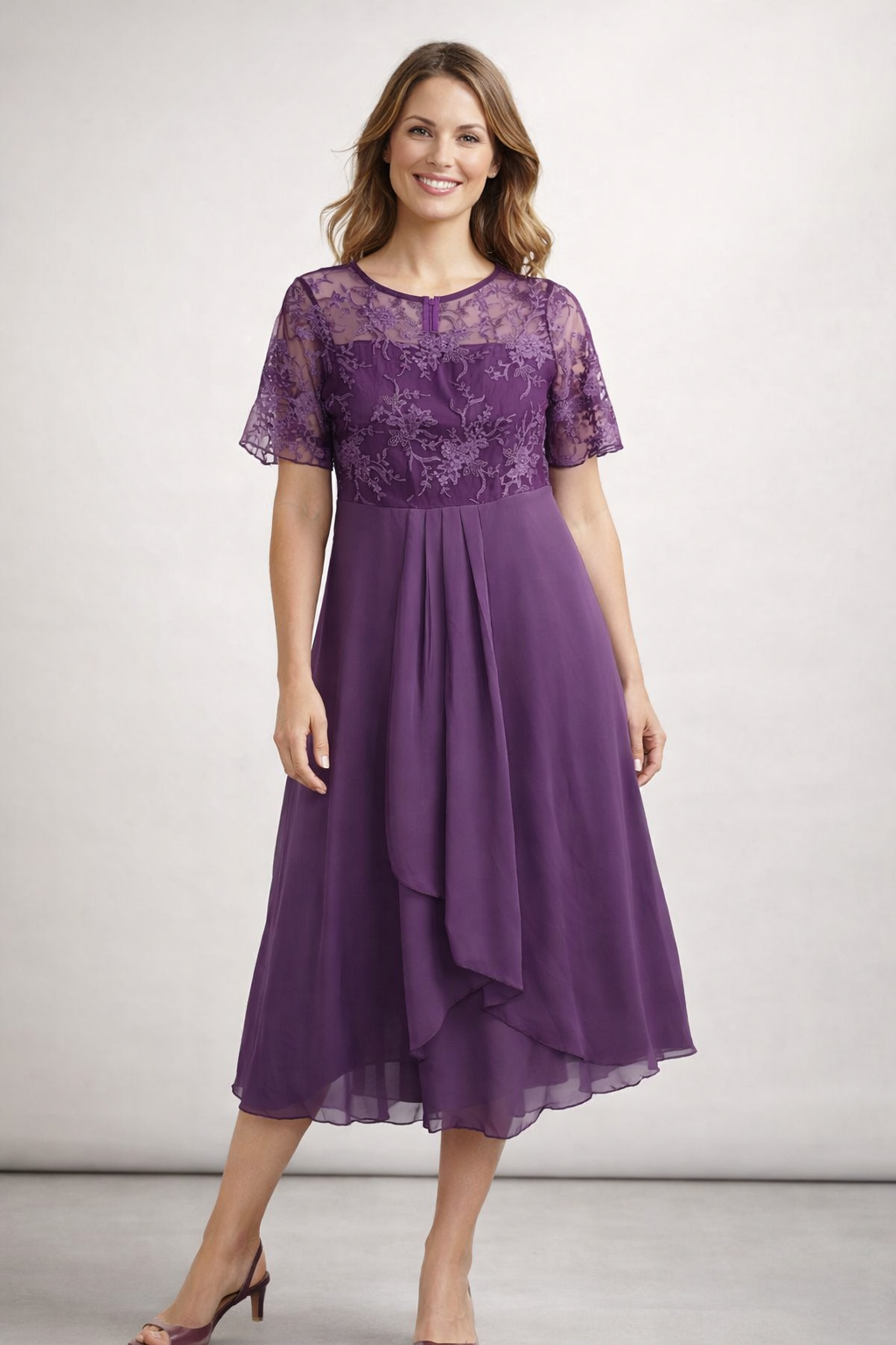 Midi-Chiffon-Kleid mit kurzen Spitzenärmeln für Damen – Hochzeitsgast, elegant und fließend, große Größe