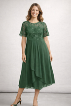 Midi-Chiffon-Kleid mit kurzen Spitzenärmeln für Damen – Hochzeitsgast, elegant und fließend, große Größe