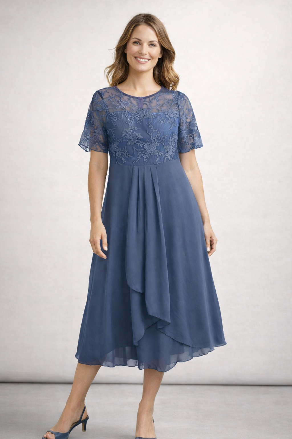 Midi-Chiffon-Kleid mit kurzen Spitzenärmeln für Damen – Hochzeitsgast, elegant und fließend, große Größe