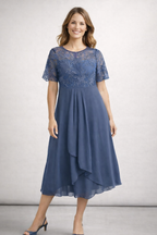 Midi-Chiffon-Kleid mit kurzen Spitzenärmeln für Damen – Hochzeitsgast, elegant und fließend, große Größe
