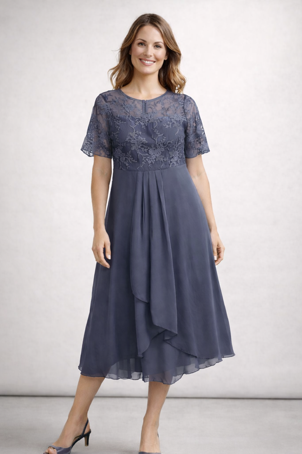 Midi-Chiffon-Kleid mit kurzen Spitzenärmeln für Damen – Hochzeitsgast, elegant und fließend, große Größe