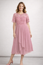Midi-Chiffon-Kleid mit kurzen Spitzenärmeln für Damen – Hochzeitsgast, elegant und fließend, große Größe