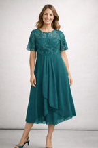 Midi-Chiffon-Kleid mit kurzen Spitzenärmeln für Damen – Hochzeitsgast, elegant und fließend, große Größe