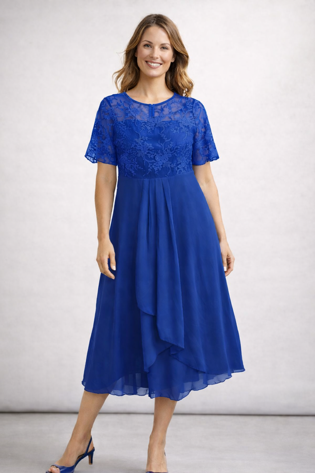 Midi-Chiffon-Kleid mit kurzen Spitzenärmeln für Damen – Hochzeitsgast, elegant und fließend, große Größe
