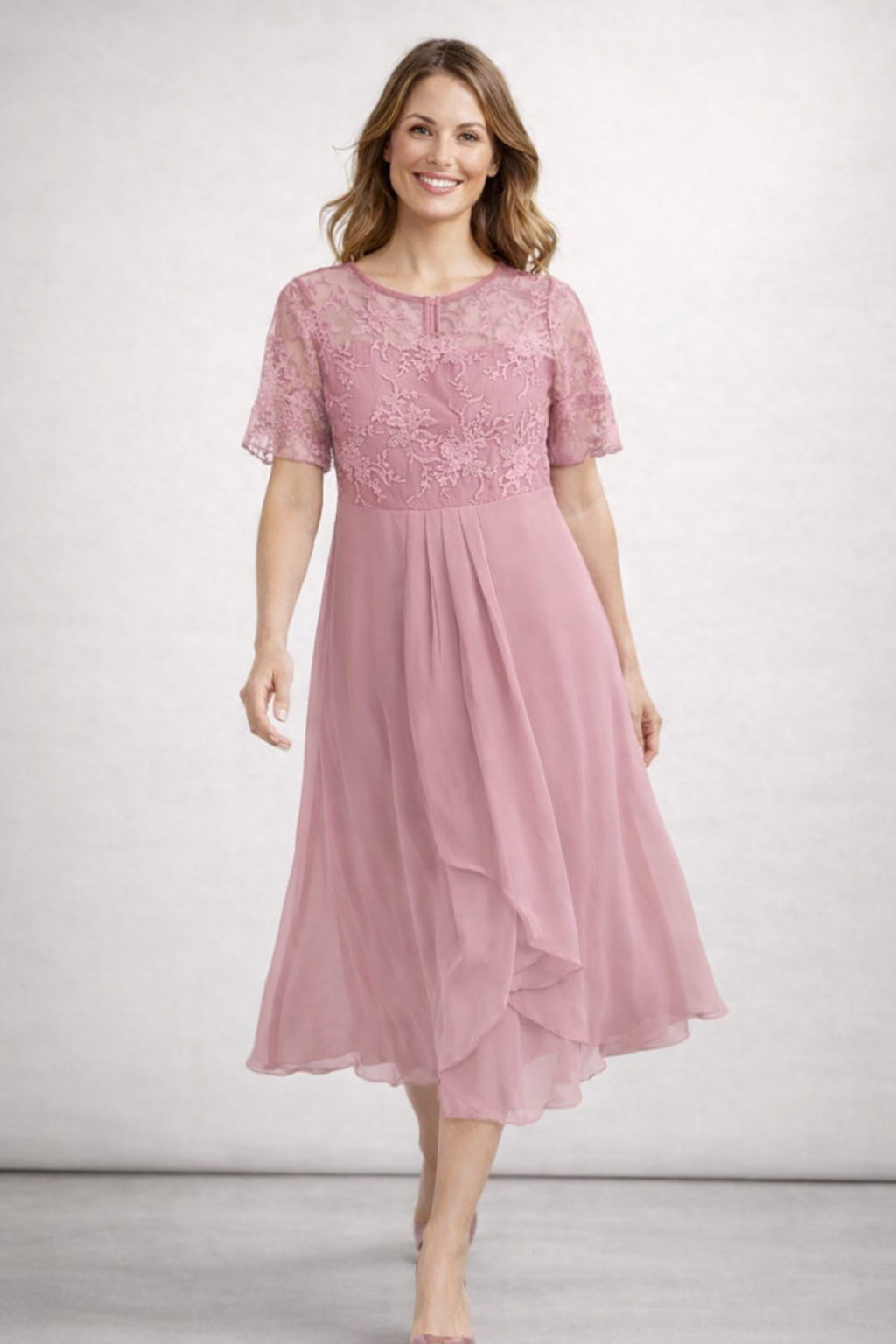 Midi-Chiffon-Kleid mit kurzen Spitzenärmeln für Damen – Hochzeitsgast, elegant und fließend, große Größe