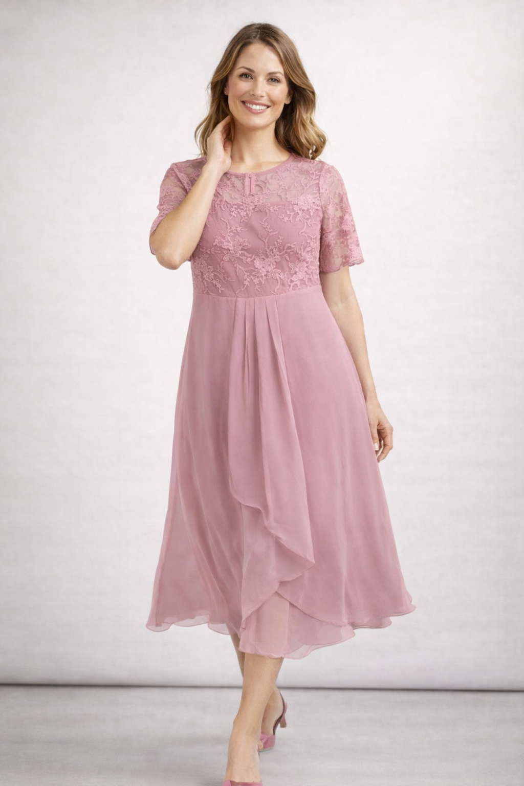 Midi-Chiffon-Kleid mit kurzen Spitzenärmeln für Damen – Hochzeitsgast, elegant und fließend, große Größe