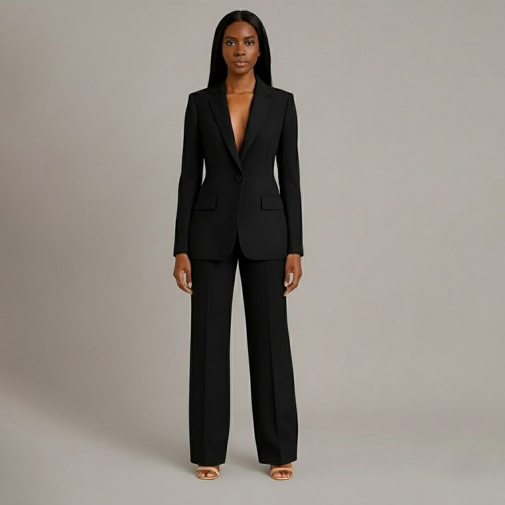 Ensemble de Costume Tailleur Féminin Structuré Blazer Longue Pantalons Évasés Élégants pour Bureau – Christi