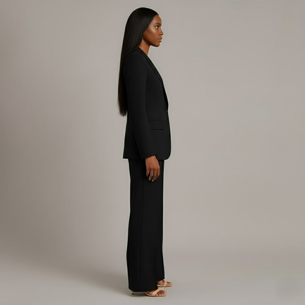 Ensemble de Costume Tailleur Féminin Structuré Blazer Longue Pantalons Évasés Élégants pour Bureau – Christi