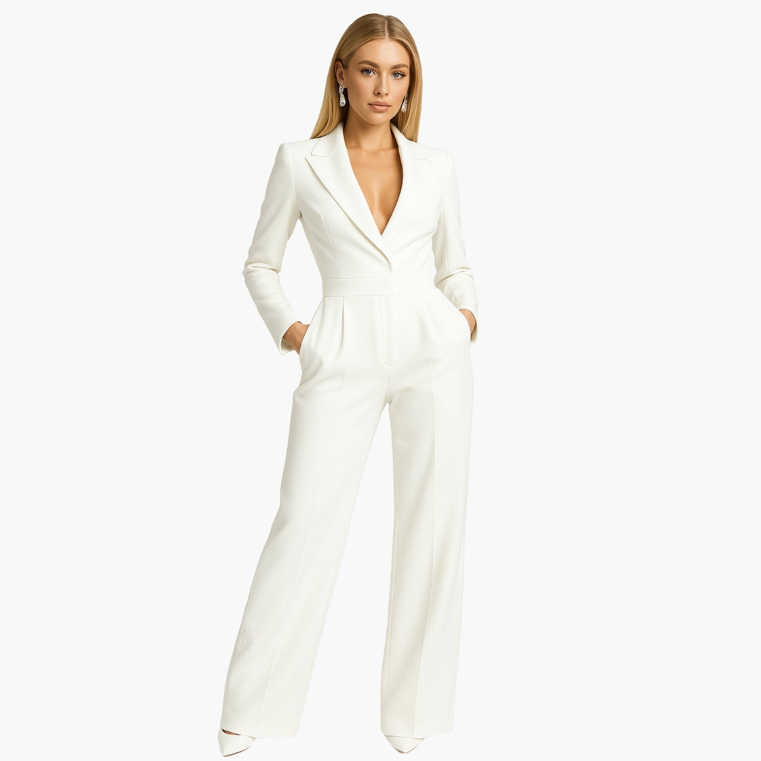 Mono ajustado para mujer con escote cruzado en V, delantero drapeado, pantalón ancho, cuello vuelto, elegante y formal