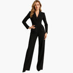 Combinaison Ajustée Femme à Encolure Croisée V-Neck, Devant Drapé, Pantalon Large, Col Noté, Élégante et Formelle