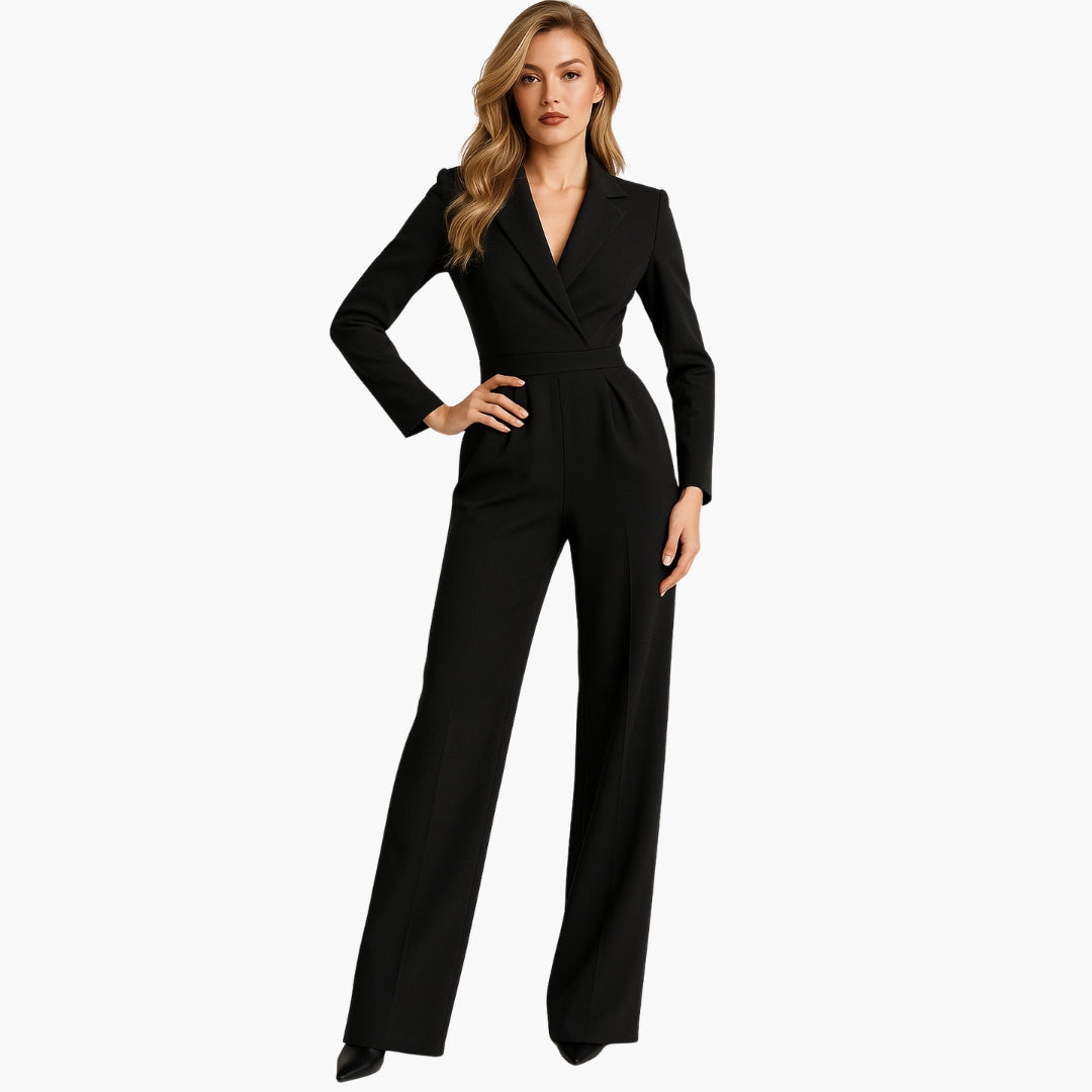 Mono ajustado para mujer con escote cruzado en V, delantero drapeado, pantalón ancho, cuello vuelto, elegante y formal