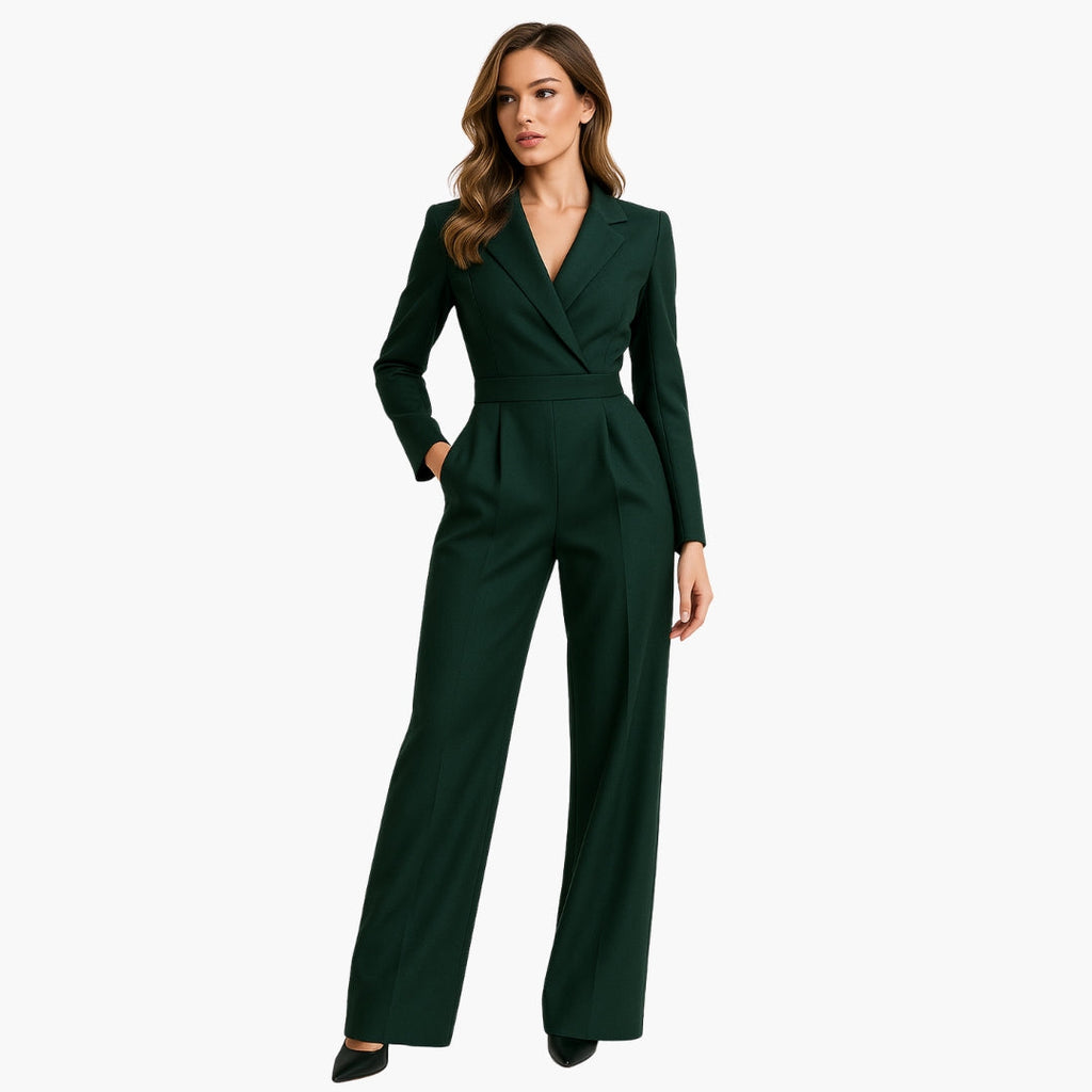 Combinaison Ajustée Femme à Encolure Croisée V-Neck, Devant Drapé, Pantalon Large, Col Noté, Élégante et Formelle