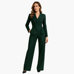 Combinaison Ajustée Femme à Encolure Croisée V-Neck, Devant Drapé, Pantalon Large, Col Noté, Élégante et Formelle