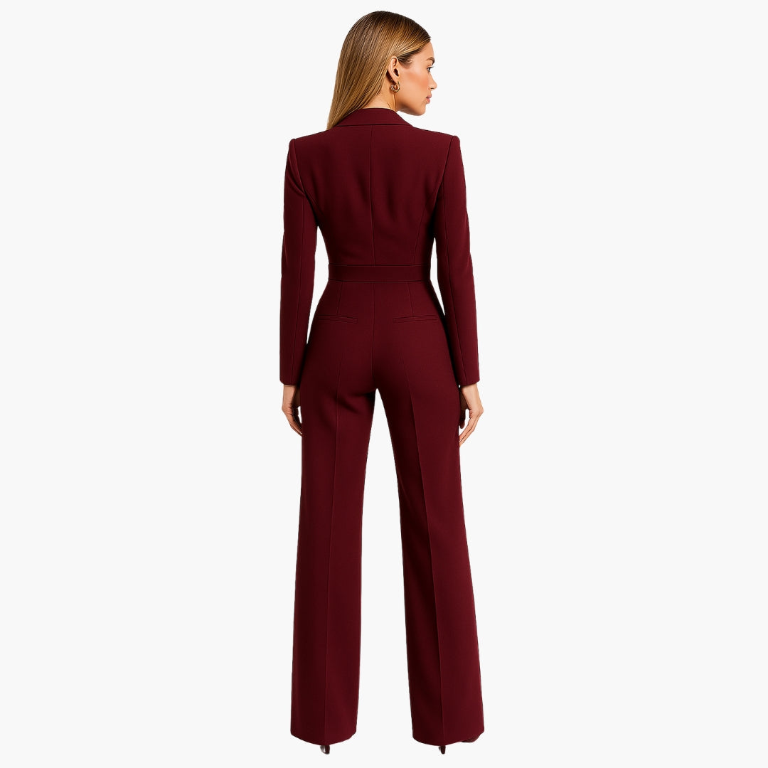 Mono ajustado para mujer con escote cruzado en V, delantero drapeado, pantalón ancho, cuello vuelto, elegante y formal