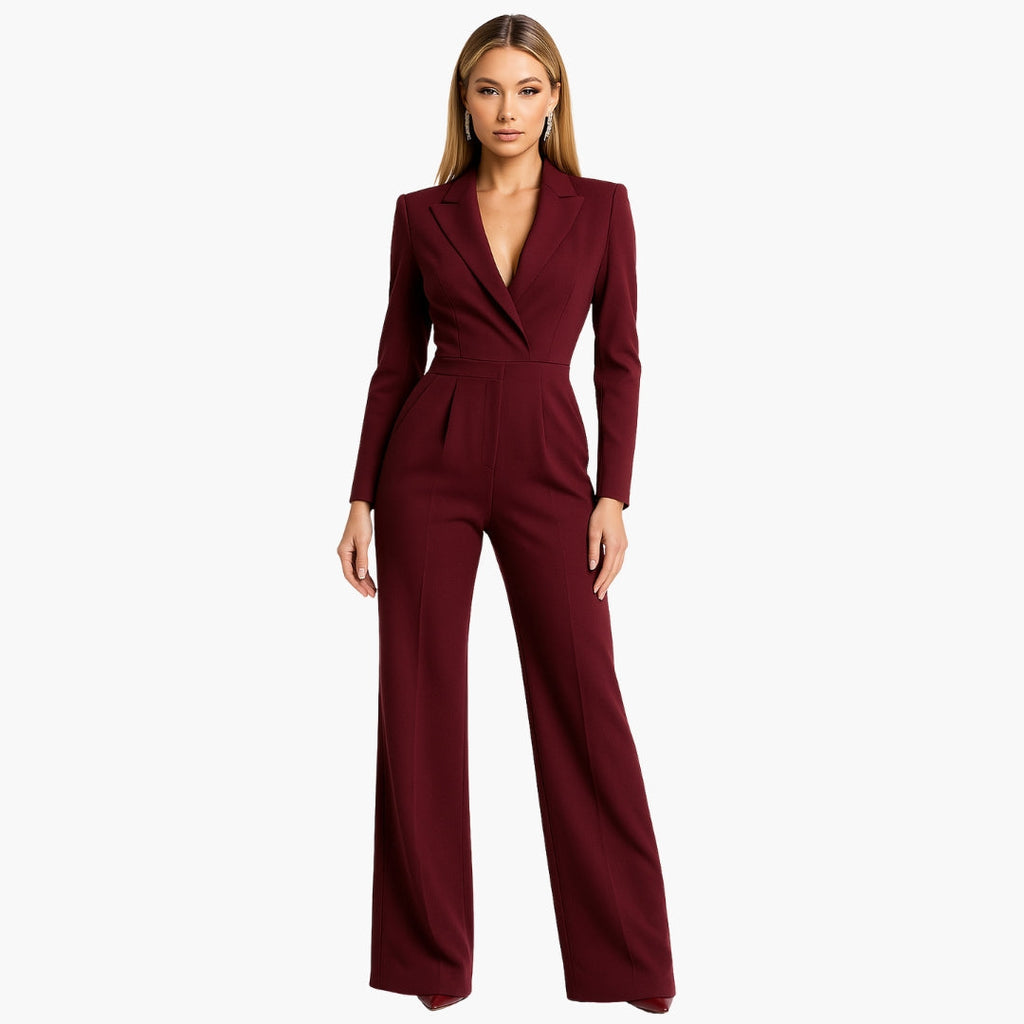 Combinaison Ajustée Femme à Encolure Croisée V-Neck, Devant Drapé, Pantalon Large, Col Noté, Élégante et Formelle