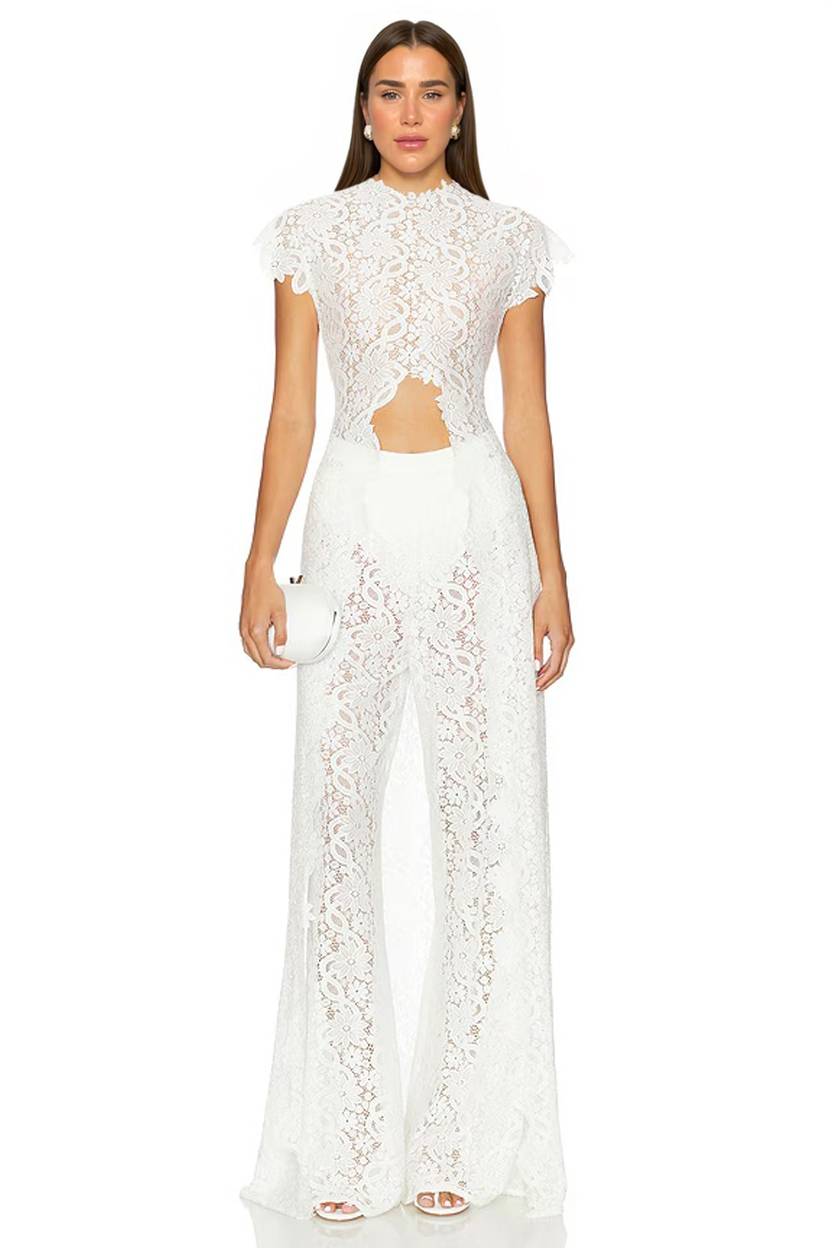 Completo Due Pezzi Donna Top Pizzo Maniche Lunghe Traforato Pantalone Largo Coordinato Matrimonio Serata Festa Cerimonia – Dentellina