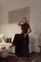 Completo Due Pezzi Donna Top Pizzo Maniche Lunghe Traforato Pantalone Largo Coordinato Matrimonio Serata Festa Cerimonia – Dentellina