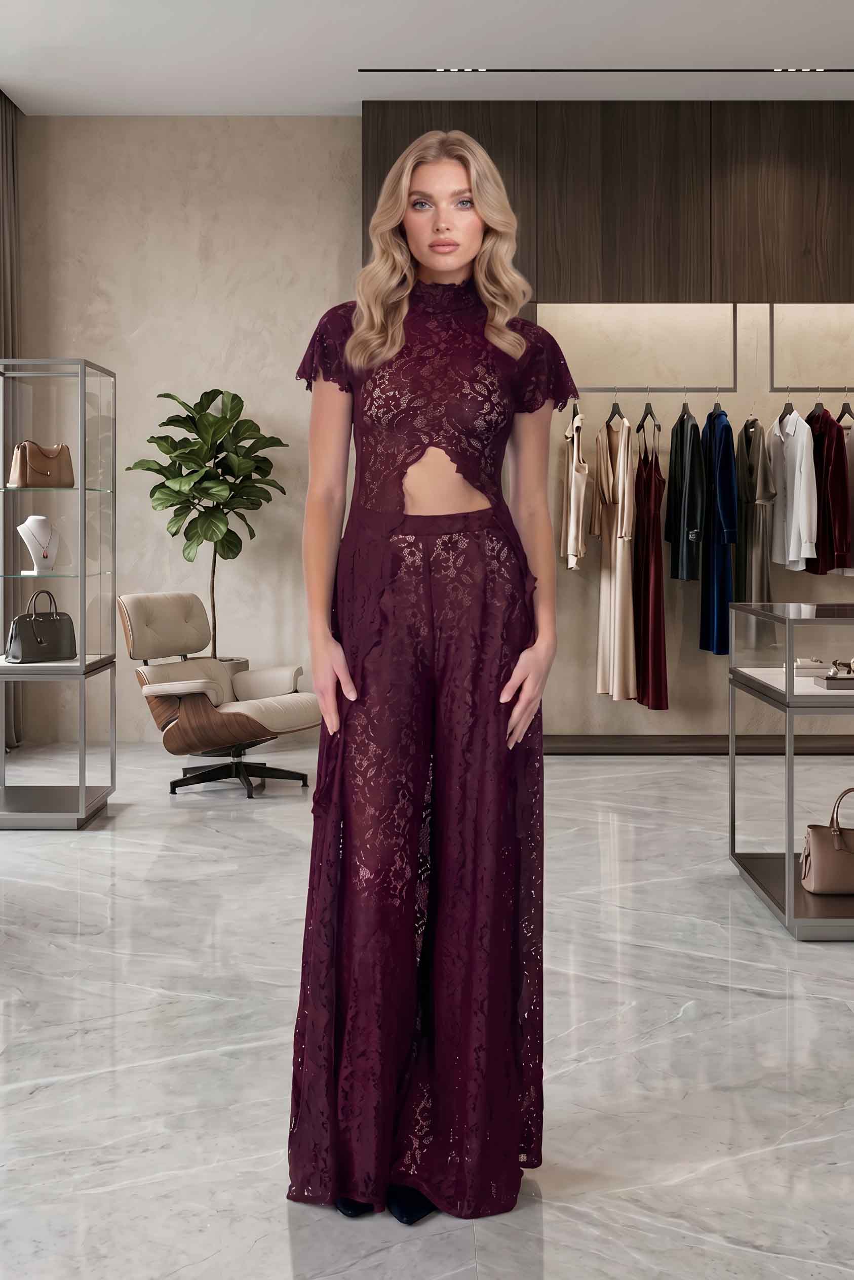 Completo Due Pezzi Donna Top Pizzo Maniche Lunghe Traforato Pantalone Largo Coordinato Matrimonio Serata Festa Cerimonia – Dentellina