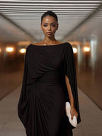 Robe Longue Femme Col Bateau Ajustée Plissée Abdomen Couvert Élégante Soirée Mariage Fête Formelle Cocktail Gala – Bateauline