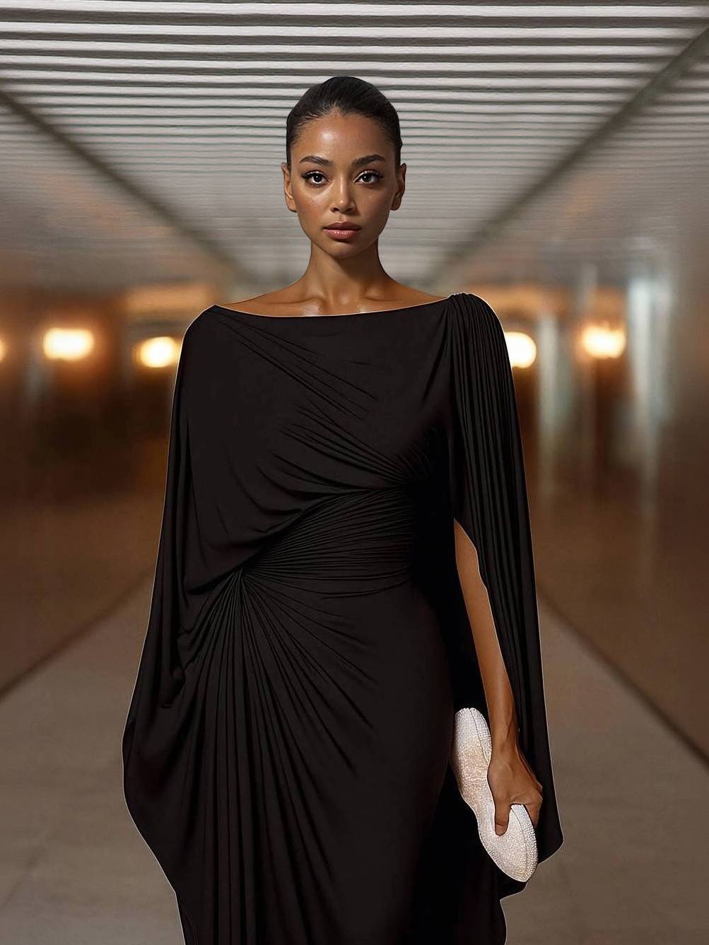 Robe Longue Femme Col Bateau Ajustée Plissée Abdomen Couvert Élégante Soirée Mariage Fête Formelle Cocktail Gala – Bateauline