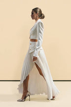Ensemble Deux Pièces Femme Blazer Court Ajusté Jupe Plissée Évasée Taille Haute Fente Travail Soirée Mariage Cocktail – Blazérine