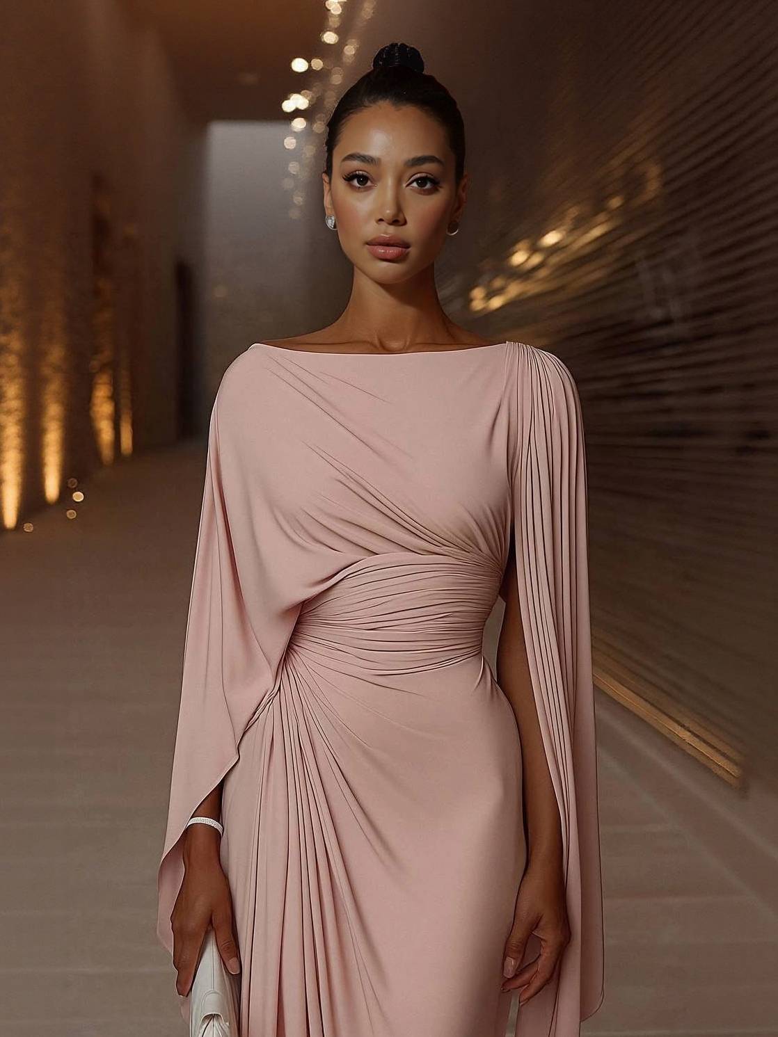 Robe Longue Femme Col Bateau Ajustée Plissée Abdomen Couvert Élégante Soirée Mariage Fête Formelle Cocktail Gala – Bateauline