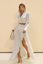 Ensemble Deux Pièces Femme Blazer Court Ajusté Jupe Plissée Évasée Taille Haute Fente Travail Soirée Mariage Cocktail – Blazérine
