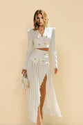 Ensemble Deux Pièces Femme Blazer Court Ajusté Jupe Plissée Évasée Taille Haute Fente Travail Soirée Mariage Cocktail – Blazérine