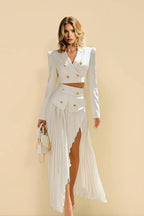 Ensemble Deux Pièces Femme Blazer Court Ajusté Jupe Plissée Évasée Taille Haute Fente Travail Soirée Mariage Cocktail – Blazérine