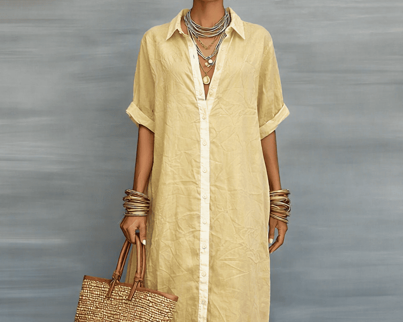 Abito Lungo Donna Collo Camicia con Bottoni Maniche Corte Lino Cotone Casual Vacanze Lavoro