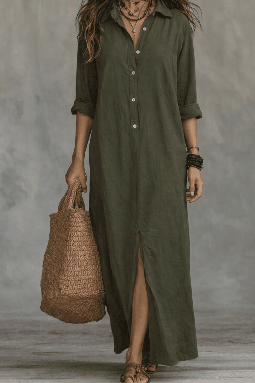 Robe Chemise Longue Femme Manches Longues Col Chemisier Bohème Casual