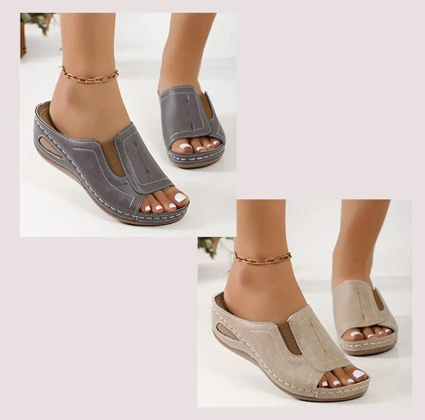 Orthopädische Damen Sandalen mit Keilabsatz, vorne offen, Slip-On, gepolsterte Sohle, Fußgewölbestütze, lässig, Strand, Sommer – Nude