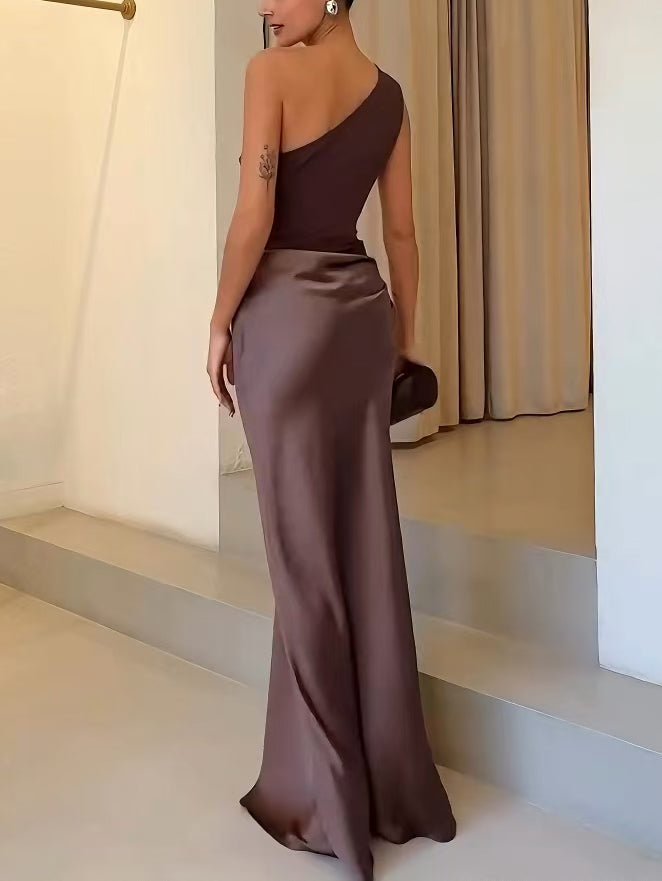 Robe Longue En Satin Plissé à Une Épaule Pour Femme, Élégante, Formelle, Invitée De Mariage, Soirée – Anita