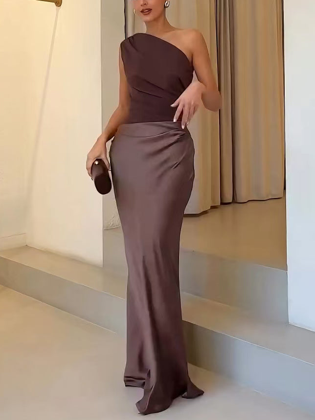 Robe Longue En Satin Plissé à Une Épaule Pour Femme, Élégante, Formelle, Invitée De Mariage, Soirée – Anita