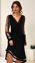 Robe Midi Élégante à Manches en Dentelle pour Femme, V-Cou, en Polyester Soirée Élastique – Matilda Noir