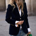 Blazer en Velours Élégant pour Femmes Épaules Structurées Coupe Slim Boutons Dorés Formels et Décontractés – Marine
