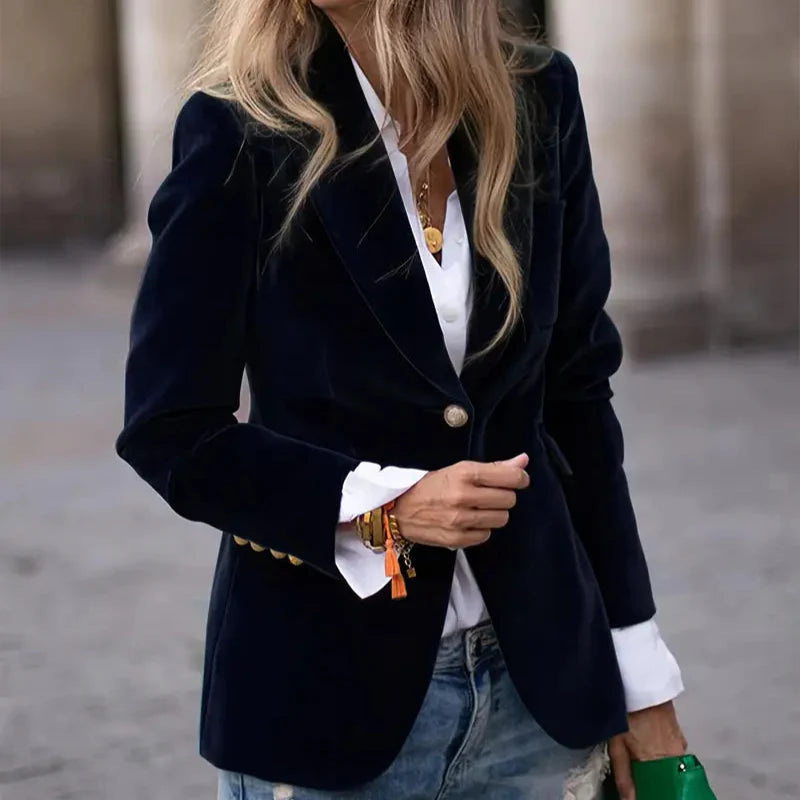 Blazer en Velours Élégant pour Femmes Épaules Structurées Coupe Slim Boutons Dorés Formels et Décontractés – Marine