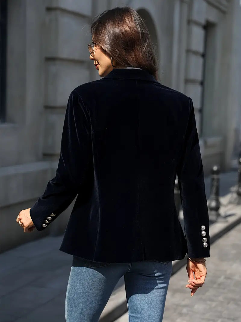 Blazer en Velours Élégant pour Femmes Épaules Structurées Coupe Slim Boutons Dorés Formels et Décontractés – Marine