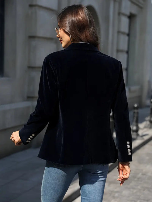 Blazer en Velours Élégant pour Femmes Épaules Structurées Coupe Slim Boutons Dorés Formels et Décontractés – Marine
