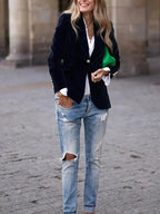 Blazer en Velours Élégant pour Femmes Épaules Structurées Coupe Slim Boutons Dorés Formels et Décontractés – Marine